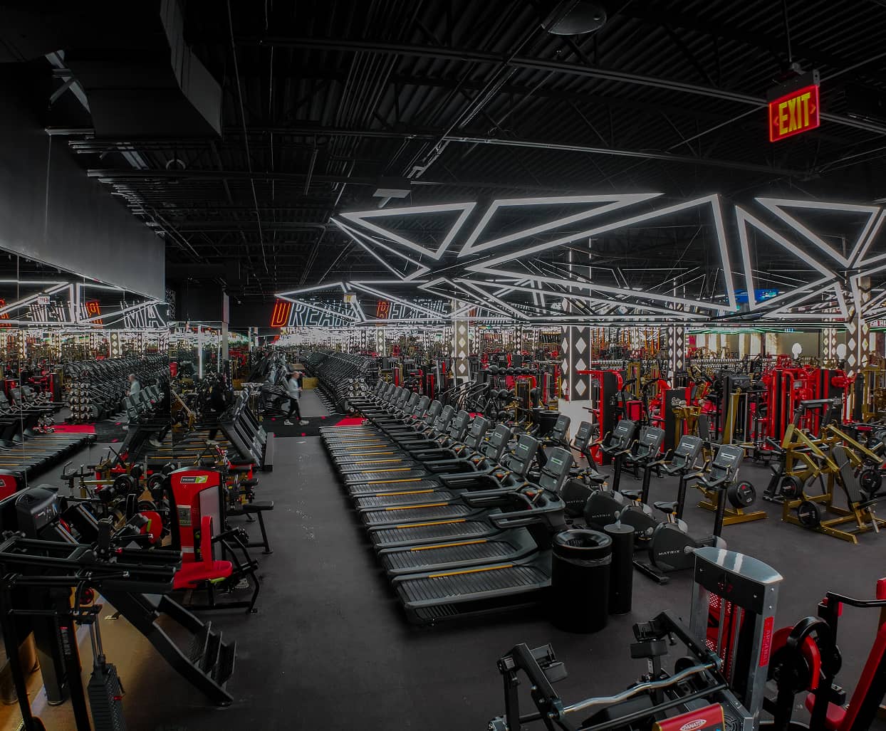 Absolute Recomp Frisco cardio and strength floor with treadmills and geometric ceiling lights