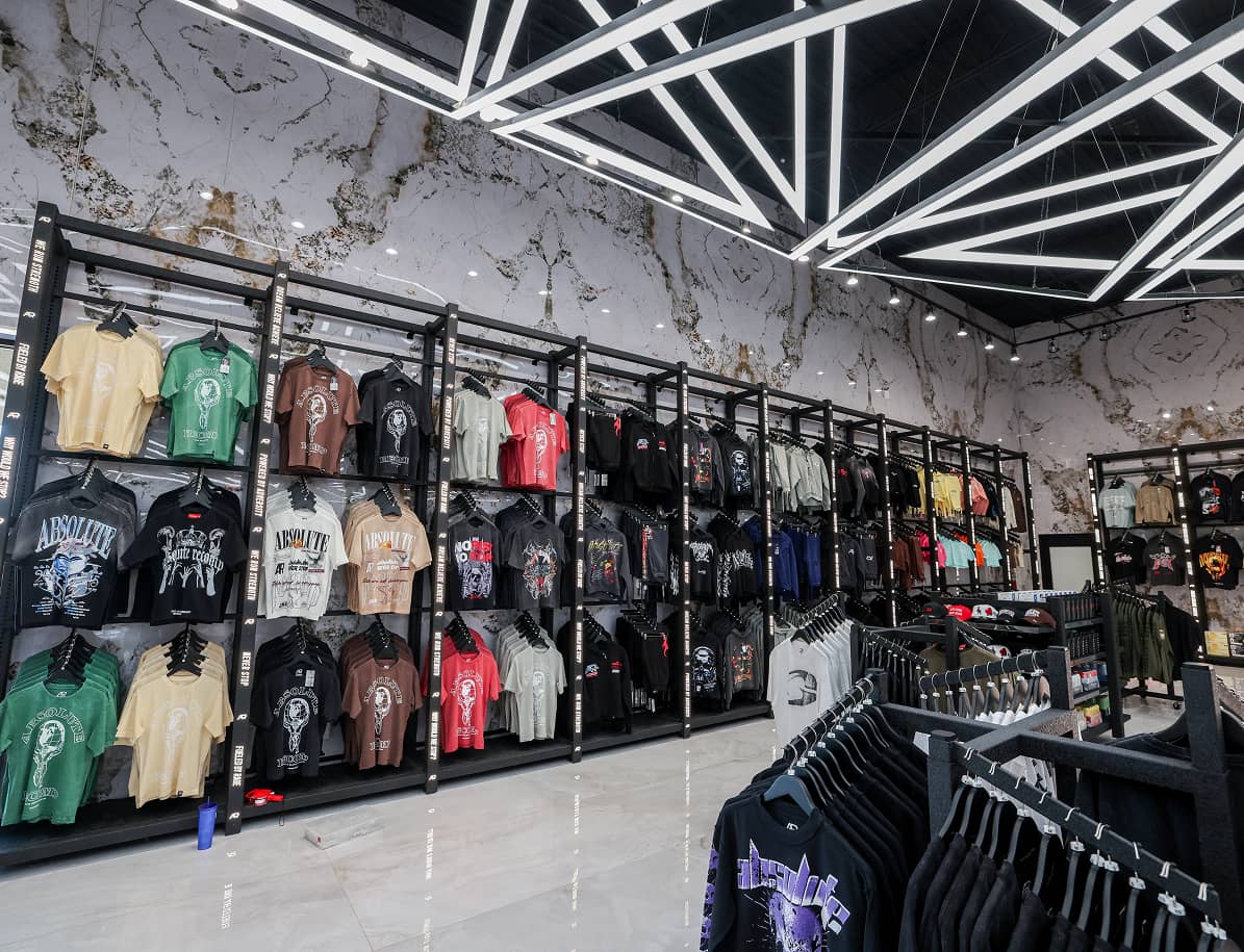 Full retail store with clothing, supplements, and more